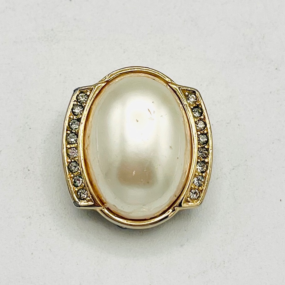 Vintage Christian Dior Gold Tone Faux Pearl Rhinestone Clip On Earring Single